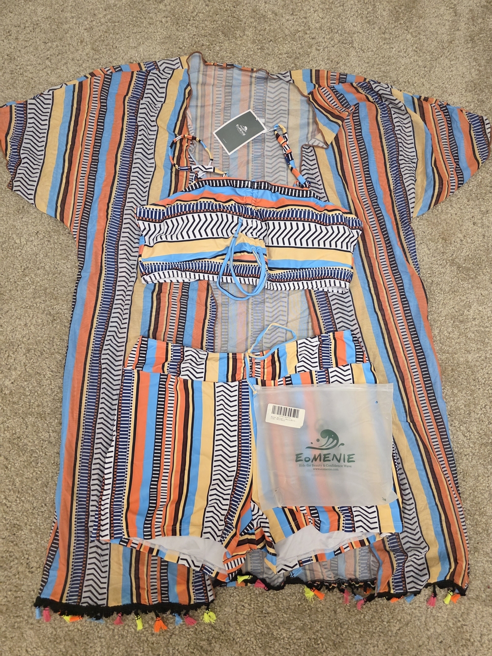 Eomenie 3pc BStriped Multicolor Bikini Set with Cover-Up - Blue, Orange & Yellow